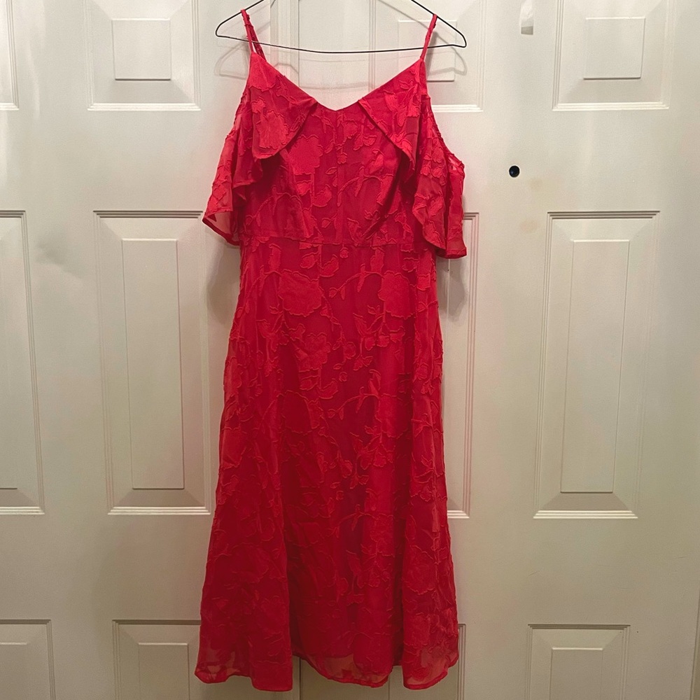 Pink a-line dress, fully lined, cold shoulder midi dress. 43” long. NWT.